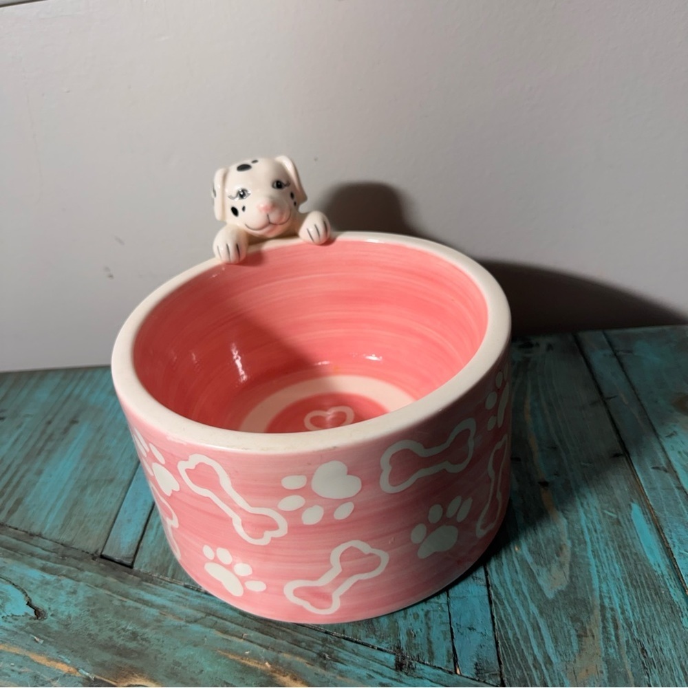 Ceramic Pink Pet Feeding Water Bowl Dalmatian - Picture 2 of 11